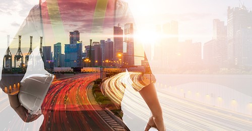 overlaid image of man with helmet and cityscape